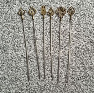 Vintage Turkish Greek Inoxidable Brass Steel Shish Kabob Skewers BBQ Set Of 6